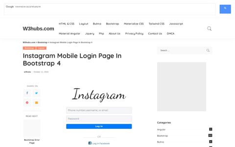 Instagram Mobile Login Page In Bootstrap 4 | | W3hubs.com