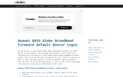 Huawei B933 Globe BroadBand Firmware - Default login IP ...
