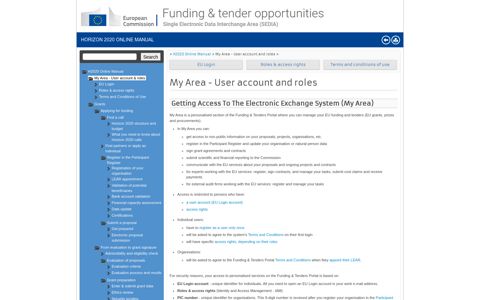 My Area - User account & roles - H2020 Online Manual