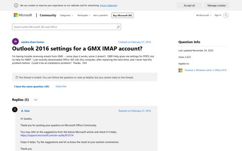 Outlook 2016 settings for a GMX IMAP account? - Microsoft ...