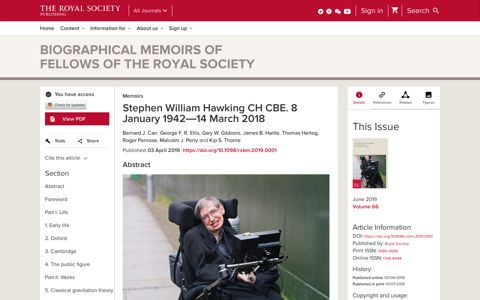 Stephen William Hawking CH CBE. 8 January 1942—14 ...