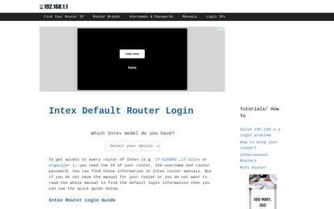 Intex Default Router Login - 192.168.1.1