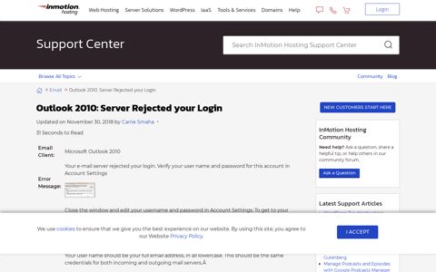 Outlook 2010: Server Rejected your Login 2020