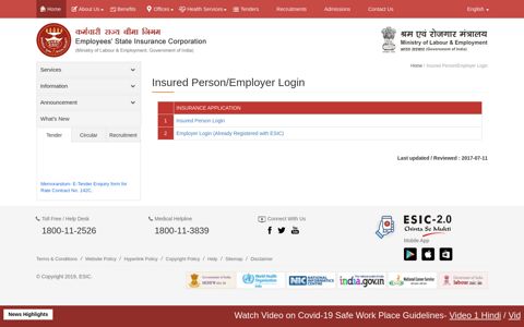 Insured Person/Employer Login | Employee's State ... - Esic