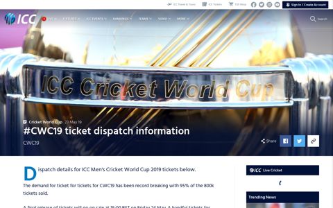 CWC19 ticket dispatch information - ICC Cricket