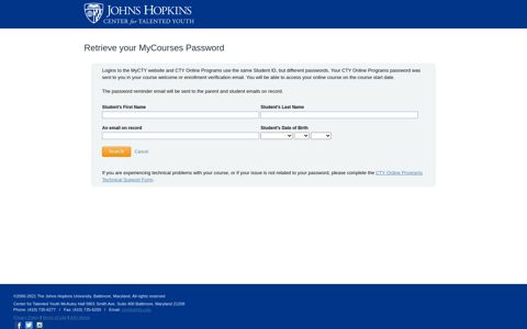 Retrieve your MyCourses Password - Johns Hopkins - Center ...