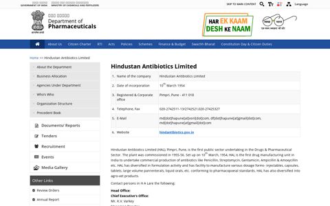 Hindustan Antibiotics Limited | Department of Pharmaceuticals