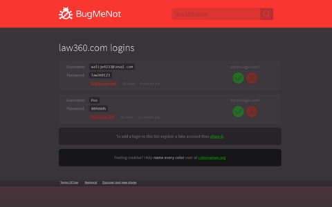 law360.com passwords - BugMeNot