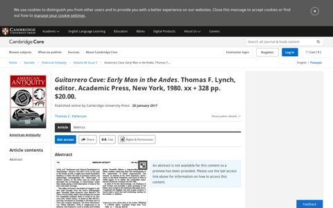Guitarrero Cave: Early Man in the Andes. Thomas F. Lynch ...
