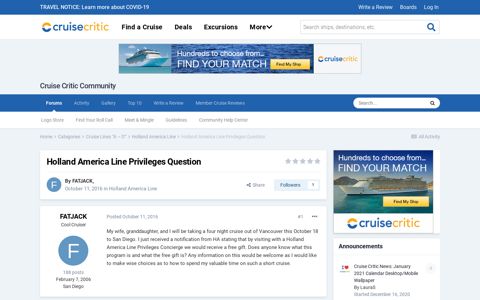 Holland America Line Privileges Question - Cruise Critic