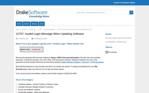 Invalid Login Message When Updating Software