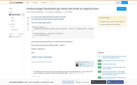 cordova-plugin-facebook4 get name and email on loginSuccess