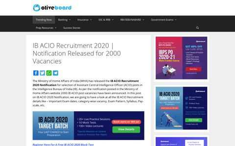 IB ACIO Recruitment 2020 Notification - 2000 Vacancies ...