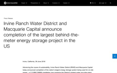 Irvine Ranch Water District and Macquarie Capital announce ...