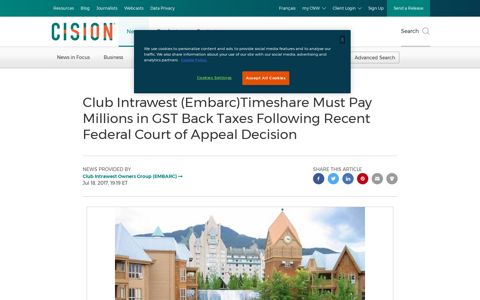 Club Intrawest (Embarc)Timeshare Must Pay Millions in GST ...