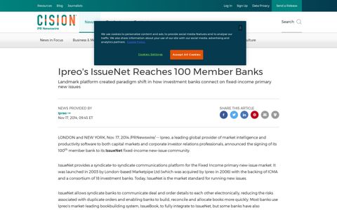 Ipreo's IssueNet Reaches 100 Member Banks - PR Newswire