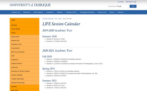 Session Calendar - University of Dubuque