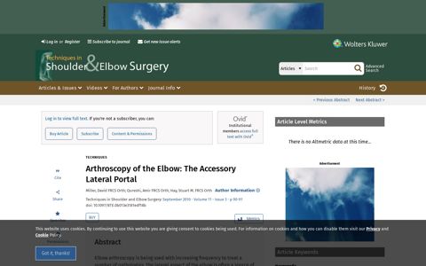 Arthroscopy of the Elbow: The Accessory Lateral Portal ...