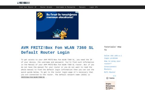 AVM FRITZ!Box Fon WLAN 7360 SL - Default login IP, default ...