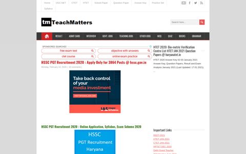 HSSC PGT Recruitment 2020 : Apply Only for 3864 Posts ...