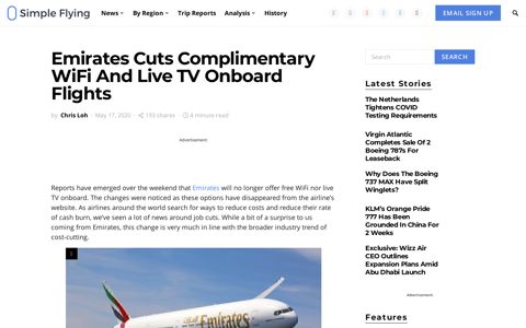 Emirates Cuts Complimentary WiFi And Live TV Onboard Flights
