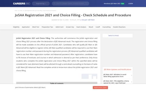 JoSAA Registration 2021 and Choice Filling : Check Schedule ...