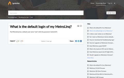 What is the default login of my MetroLinq? - IgniteNet
