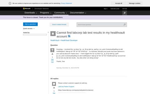 Cannot find labcorp lab test results in my healthvault account