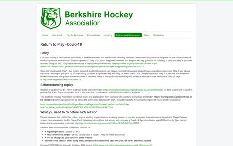 Return to Play Policy - Covid-19 - Berkshire Hockey