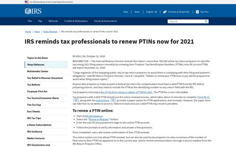 IRS reminds tax professionals to renew PTINs now for 2021 ...