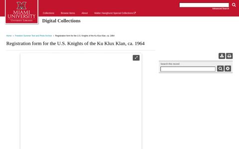 Registration form for the U.S. Knights of the Ku Klux Klan, ca ...