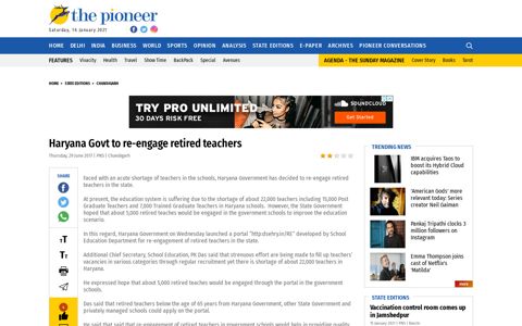 Haryana Govt to re-engage retired teachers - The Pioneer
