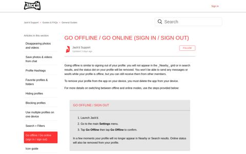 Go offline / Go online (sign in / sign out) – Jack'd Support