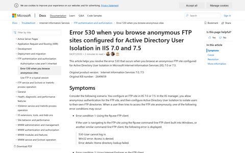 Error message in IIS: "530 User <Username> cannot log in ...