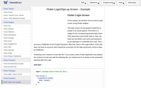 Flutter Login/Sign-up Screen - Example - TutorialKart