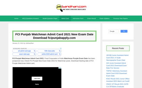 FCI Punjab Watchman Admit Card 2020 New Exam Date ...