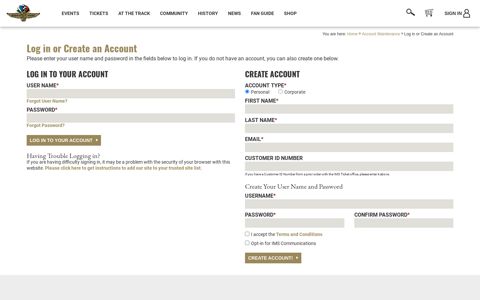 Log in or Create an Account - Indianapolis Motor Speedway