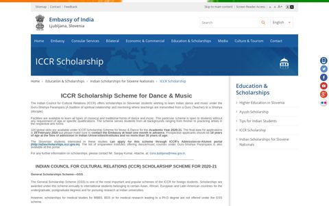 ICCR Scholarship - Embassy of India, Ljubljana, Slovenia