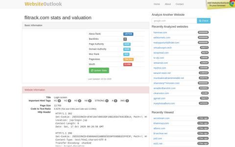 Flitrack : Login screen Website stats and valuation