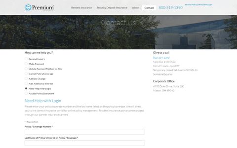Need Help with Login - Contact Us - ePremium Insurance
