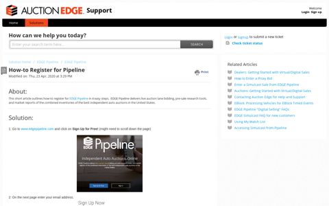Register for Pipeline : Support - Solutions - Auction Edge
