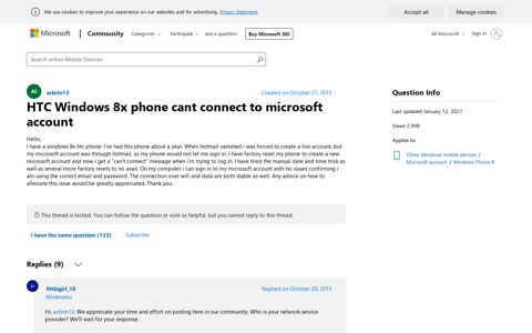 HTC Windows 8x phone cant connect to microsoft account ...