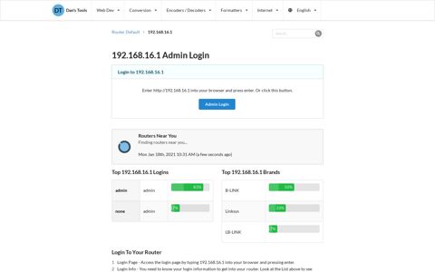 192.168.16.1 Admin Login - Clean CSS