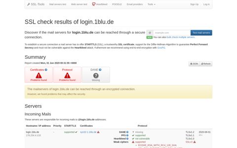 login.1blu.de - TLS / STARTTLS Test · SSL-Tools