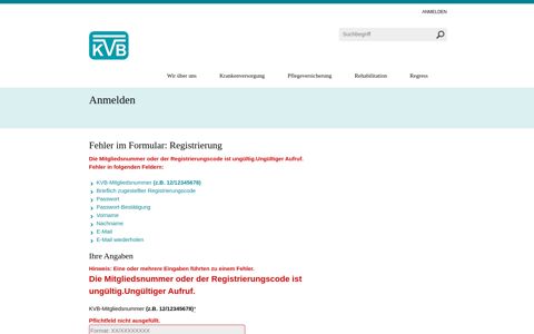 KVB-Internet - Fehler im Formular:Registrierung