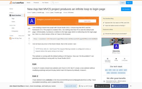 New Asp.Net MVC5 project produces an infinite loop to login ...