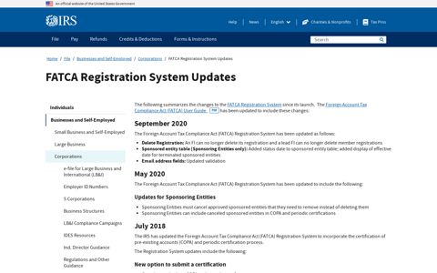 FATCA Registration System Updates | Internal Revenue Service