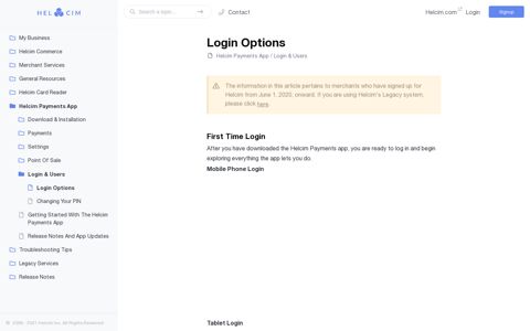 Login Options - Login & Users - Helcim Payments App