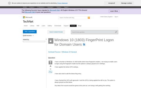 Windows 10 (1803) FingerPrint Logon for Domain Users