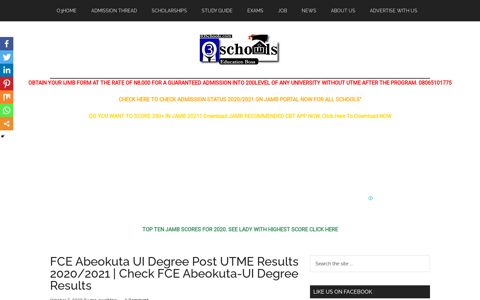 FCE Abeokuta UI Degree Post UTME Results 2020/2021